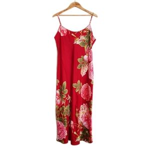Natori Red Floral Satin Slip Dress